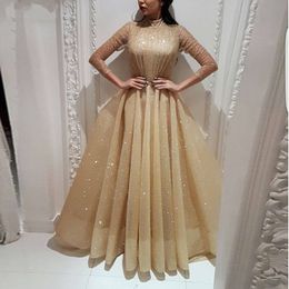 light gold Abendkleider Bling Bling Gold Sequin Muslim Formal Party Dress High Neck Ball Gown Dubai 3/4 Long Sleeve Evening Dresses 2020