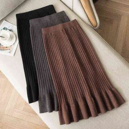 Women skirt plus size wool long fishtail skirt autumn and winter high waist all-match knitted bag hip skirt female autumn 2021 G220309