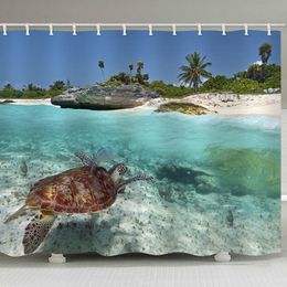 Shoal Transparent Sea Turtle Swimming Polyester Turtle Bathroom Fabric Shower Curtain Liner Waterproof Polyester Curtain 12 Hook 201127