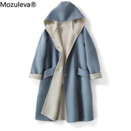 Mozuleva Winter New Elegant Women's Two-Tone Double-Faced Woolen Mid-Length Wool Overcoat Hooded Dark Buckle Woolen Coat Women 201218