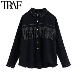 TRAF Women Stylish Tassel Beaded Oversized Denim Jacket Coat Vintage Fashion Long Sleeve Frayed Trim Outerwear Chic Loose Tops 201120