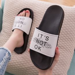 Women Indoor Slippers Funny It's not OK Printed PVC Non-slip Bathroom Slides Summer Ladies Home Flat Shoes House Women Slippers