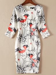 Birds Print Women Sheath Dress O-Neck 3/4 Sleeve Dresses