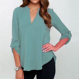 Women Blouse Deep V-neck Foldable Long Sleeve Loose Chiffon Shirt Plain Casual Elegant Office Lady Female Tops Plus Size 5XL LJ200811