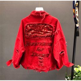 Spring Autumn Sequins Red Denim Jacket Women's Fashion Loose Short Hole Jacket Female Student BF Wind Black Jeans Coat Overcoats 201017