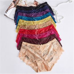 Wholesale Women Ice Silk Panties Fashion Trend Lace Mesh Transparent Hollow Out Sexy Thong Underwear Female Low Waist Erotic Lingerie Briefs