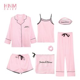 HNM Pink Stripe Print Pyjamas Set Silk Satin Homewear Women's 7 Pieces Sleepwear Sets Pyjama Women Spring Summer Autumn 201217