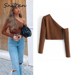 Snican Solid One Shoulder Women Sexy Sweater Za 2021 Femme Chandails Spring Vintage Jumper Mujer Crop Tops Pullover Sweter Zora 210203