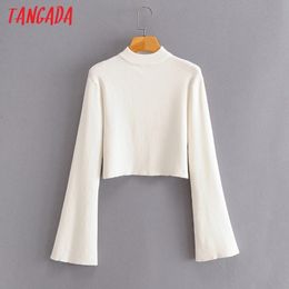 Tangada korea chic women white turtleneck sweater Flare Sleeve vintage ladies short style knitted jumper tops SY242 201030