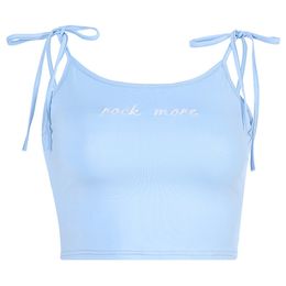 Women's Embroidery Crop Top Ins Style Cute Sexy Blue Vest Tank Tops T Shirt Streetwear for Ladies Girls Y200701