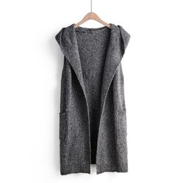 autumn winter long vest women cardigan sleeveless solid hooded with pocket casual outwear female kamizelka chaleco mujer 201214