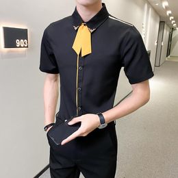 Men's Casual Shirts Tie Decorated Shirt Men Summer Short Sleeve Slim Social Party Banquet Work Clothes Chemise Homme BIG SIZE M-5XL