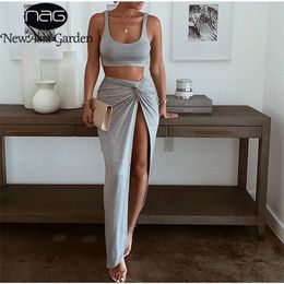 Asia Sexy Party 2 Piece Set Women Plus Size Crop Top Twist Side Split Long Skirts Matching Sets Club Two Outfits 220221