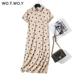 WOTWOY Summer Polo Shirt Dress Women Dot Print Plus Size Loose Cotton Maxi Dresses Pocket Short Sleeve Black Apricot Long Dress LJ200818