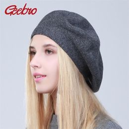 Geebro Women's French Hat Spring Causal Plain Black Knit Wool Berets Ladies Knitted Artist Beret Cap Hats for Woman Y200102 ted s