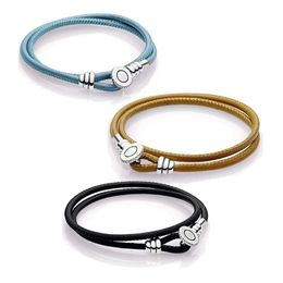 Trendy Women Original Black Brown Blue Pans Genuine Leather Bracelet With 925 Silver Clasp Europe Jewellery Birthday Gift