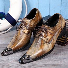 Classic Metal Pointed Toe Male Oxfords Shoes Brown Genuine Leather Men Party Dress Brogue Shoes Man Lacp Up Shoes