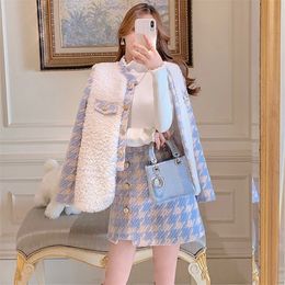 Autumn Winter Houndstooth Skirt Suit Women Elegant Single-breasted Coats High Waist Bag Hip Korean Sweet 2 Piece Sets 220302