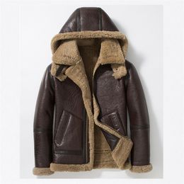 Sani Sheepskin Fur Shearling Men's Short Warm Overcoat Flight Clothing Hooded Fur Collar Genuine Leather Fur Jacket LJ201217