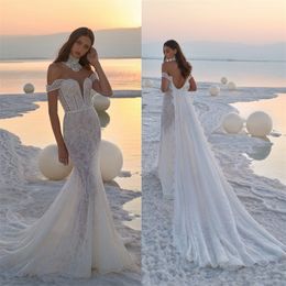 Hot Sale Mermaid Wedding Dress With Long Train Sexy Backless Pearls Full Lace Bridal Gown Off Shoulder Custom Made Vestidos De Novia