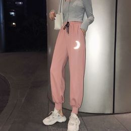 Pink Pants Women Harajuku Harem Pants Drawstring Elastic Waist Sweatpants Reflective Moon Pattern Aesthetic Pants Women Trousers T200422