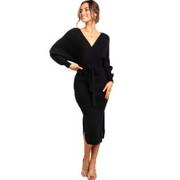 Women Elegant Deep V Neck Long Sleeve Midi Knitted Dress Autumn Winter Side Split Bandage Wrap hip Slim Dress Sexy Tunic Vestido Y0118