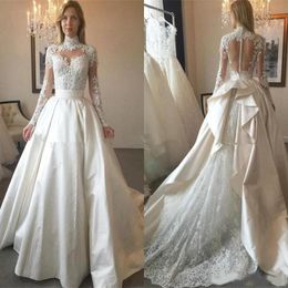 High Neck Dresses Long Sleeves Sexy Back Covered Buttons Lace Applique Satin Tiered Chapel Wedding Bridal Gown Vestido De Novia 403