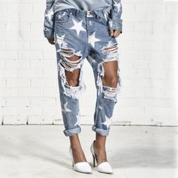 Summer Boyfriend Jeans Woman Big Hole Jeans for Women With Five-pointed Star Ripped Jeans Light Blue Denim Pants 201105