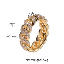 Trendy Rings Gold Colour Top Quality Bling Bling Iced Out CZ Hip Hop Punk Ring Cuban Link Chain Ring241r