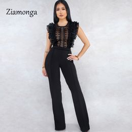 Ziamonga Hohe Qualität Schwarz Rot V-Ausschnitt Bodycon Spitze Bandage Overall Abendparty Bodycon Jumpsuit Frauen Overalls T200509