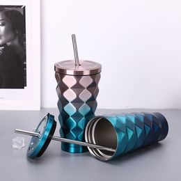 500ML Double Stainless Steel Color Diamond Thermos Cups With Straw Coffee Drink Cold Thermal Bottles Isothermal Travel Water Mug LJ201218
