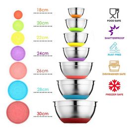 7 Colors Stainless Steel Mixing Bowl With Lid Home Kitchen Egg Mixer Salad Bowls Non-slip Silicone Bottom Food Storage Bowl Set 201214