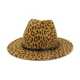 Unisex Leopard Grain Flat Brim Wool Felt Jazz Fedora Hats For Men Women Leather Band Decor Trilby Panama Formal Top Hat