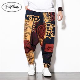 new men's Chinese style cotton and linen lantern casual pants male printing long pants trendy large size loose hip-hop pants 201217