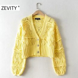 Zevity new women fashion v neck pearl button cardigan knitting sweater lady long sleeve casual hollow out sweater chic tops LJ201112