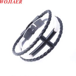 WOJIAER Stainless Steel Cross Charm Leather Bracelet for Men Multi-layer Black Rope Braided Bracelets Fit Jewellery Gift BC013