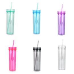 16oz Acrylic Tumblers Double Wall Plastic Clear Skinny Tumblers with Straws Office Home Plastic Water Cup