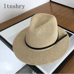 New Solid Color Belt Buckle Straw Hats Breathable Unisex Wide Brim Visor Hat Women Chapeu Straw Jazz Hats Summer Beach Cap Y200602