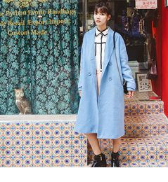 Winter Solid Double Breasted Wool Blend Coat And Jacket Pockets Turn-down Collar Ladies Coats Casual Blue Womens Long Coats LJ201201