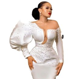 Pearls Mermaid Prom Dresses With Sheer Neckline Puffy Long Sleeves Back Split Evening Aso Ebi Formal Party Gowns