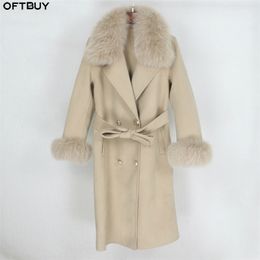 OFTBUY Double Breasted Cashmere Wool Blends Real Fur Coat Winter Jacket Women Natural Fox Fur Collar and Cuffs Streetwear 201216