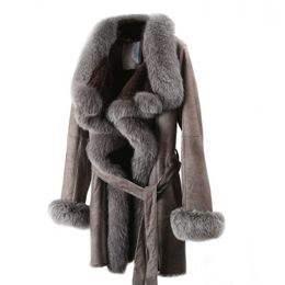 Women leather coat Lamb fur coat Female medium slim fox fur collar fur coat leather Casual style Genuine Leather 201215