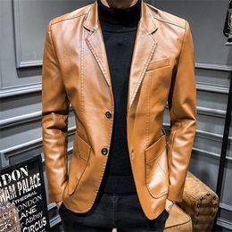 Autumn Winter Men Solid Color Faux Leather Suit Jacket Long Sleeve Lapel Blazer Men's Jackets and Coats F82902 C1120