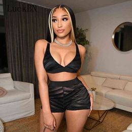 Matching Sets Mesh Stitching Black Sexy Two Peice Set Crop Top Shorts Summer Club Outfits for Women Clothes 2022 Matching Sets G220311
