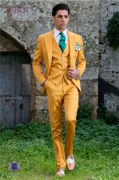 Hot Selling Groomsmen Peak Lapel Groom Tuxedos yellow Men Suits Wedding/Prom/Dinner Best Man Blazer ( Jacket+Pants+Tie+Vest ) K886