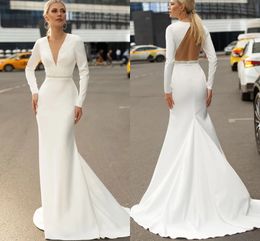 Elegant Satin Mermaid Wedding Dresses 2021 Full Sleeves Sexy Deep V Neck Backless Boho Bridal Gowns Chic Sweep Train robes de mariée AL7955