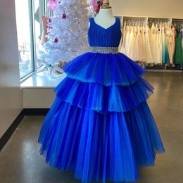 Ruffle Girl Pageant Dress 2021 Ballgown Sleeveless Long Pageant Gown for Little Girl Infant Toddler Teen Pearl Beading Waist Royal-Blue Pink