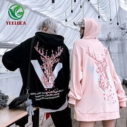 Herbst Winter Neue Sakura Blumendruck Hoodie Übergroße Baumwolle Hip Hop Freizeit Harajuku Sweatshirt Modis Langarm 201020