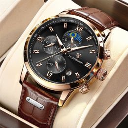 LIGE Mens Watches Top Luxury Brand Waterproof Sport Wrist Watch Chronograph Quartz Military Genuine Leather Relogio Masculino 220225