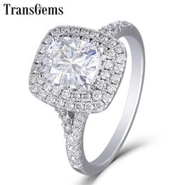 Transgems 14K White Gold Double Halo Centre 1ct 5X7MM Cushion Cut Moissanite Engagement Ring for Women Wedding with Accents Y200620